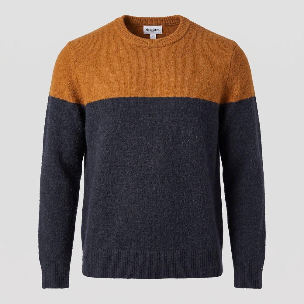Goodfellow & Co Mens XL Orange Navy Blue Sweater Colorblock Crew Neck Soft Knit